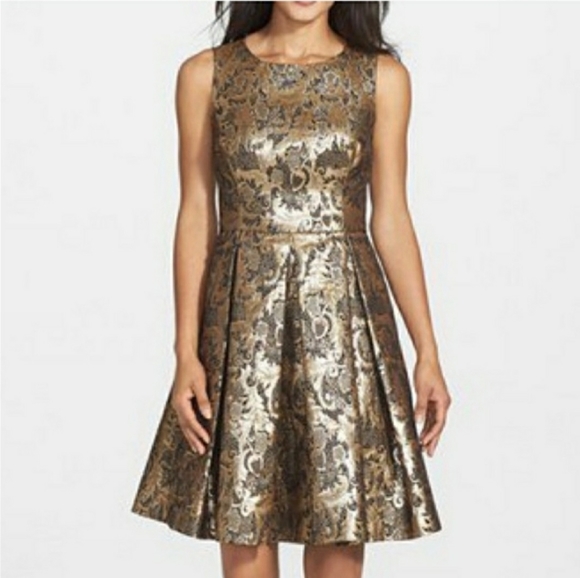 Eliza J Dresses & Skirts - ELIZA J GOLD METALLIC JACQUARD FIT AND FLARE DRESS-SIZE 10